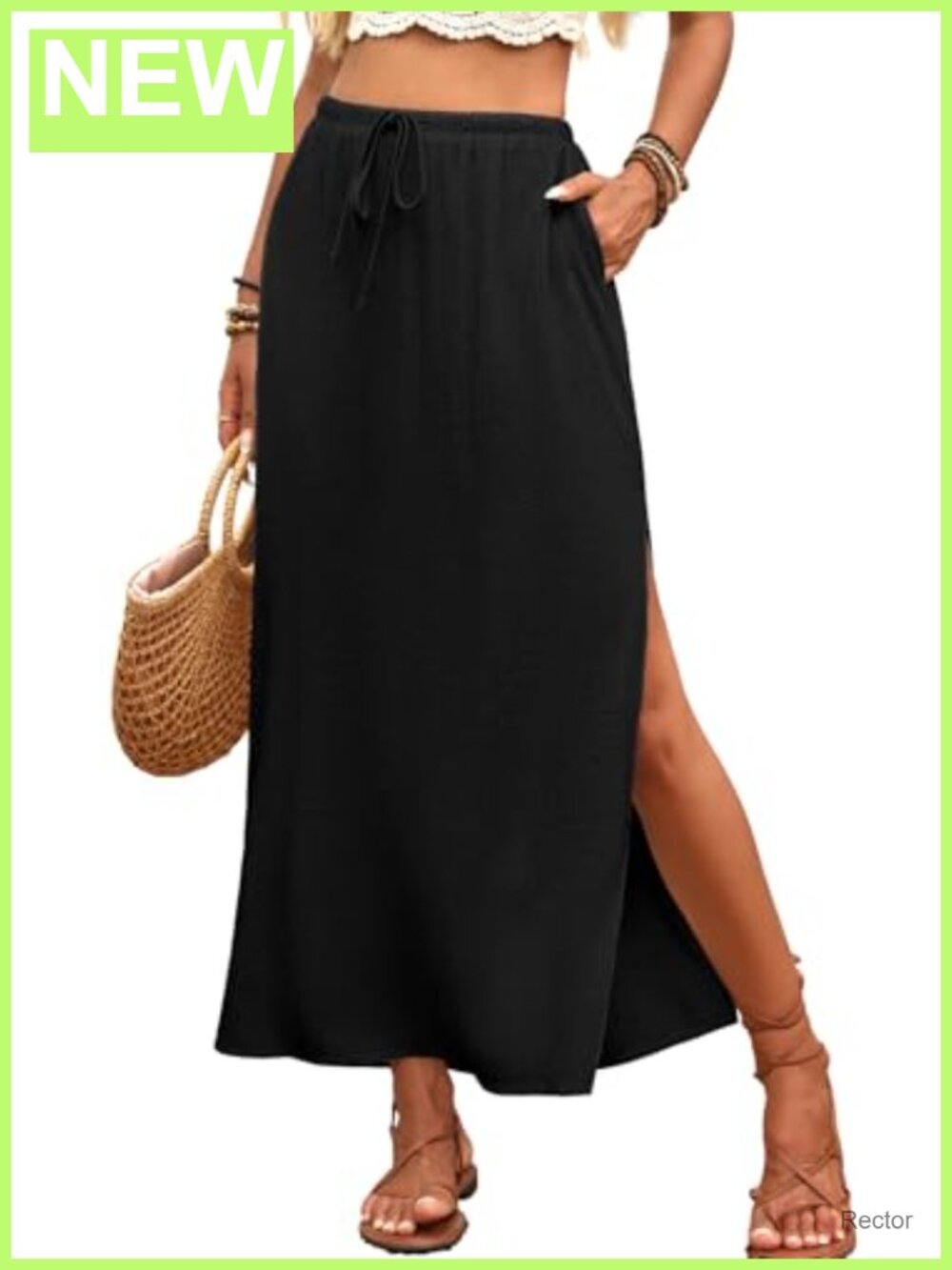 Linen Maxi Skirt with Side Slit Flowy A-Line Elastic Waist Summer Vacation